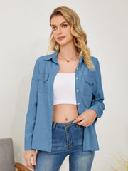 Pocketed Button Up Long Sleeve Denim Shirt - Trendsi