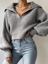 Oversized Collar Ribbed Cropped Sweater - Trendsi - Flyclothing LLC
