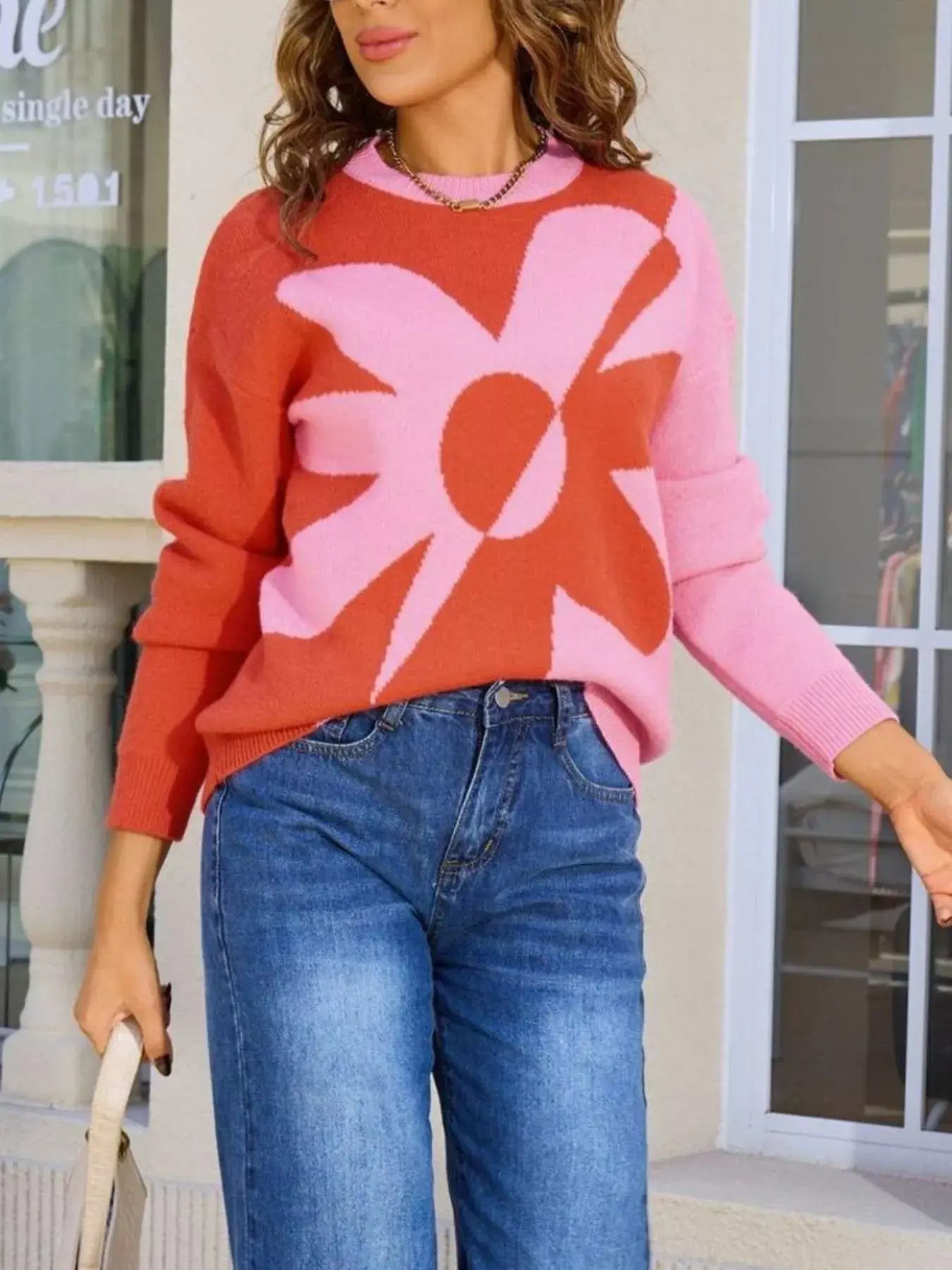 Floral Pattern Color Block Sweater - Trendsi - Flyclothing LLC
