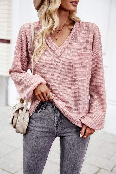 Devine Waffle-Knit V-Neck Long Sleeve Top - Trendsi - Flyclothing LLC