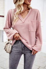 Devine Waffle-Knit V-Neck Long Sleeve Top - Trendsi - Flyclothing LLC