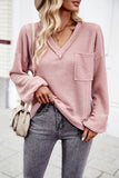 Devine Waffle-Knit V-Neck Long Sleeve Top - Trendsi