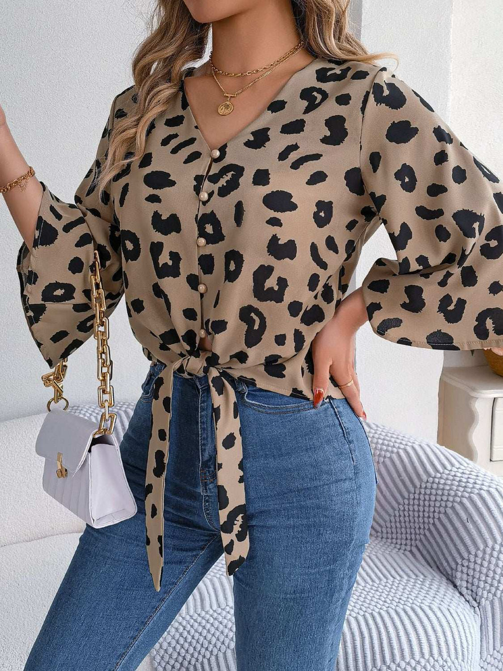 Tied Button Up Leopard V-Neck Blouse - Trendsi - Flyclothing LLC