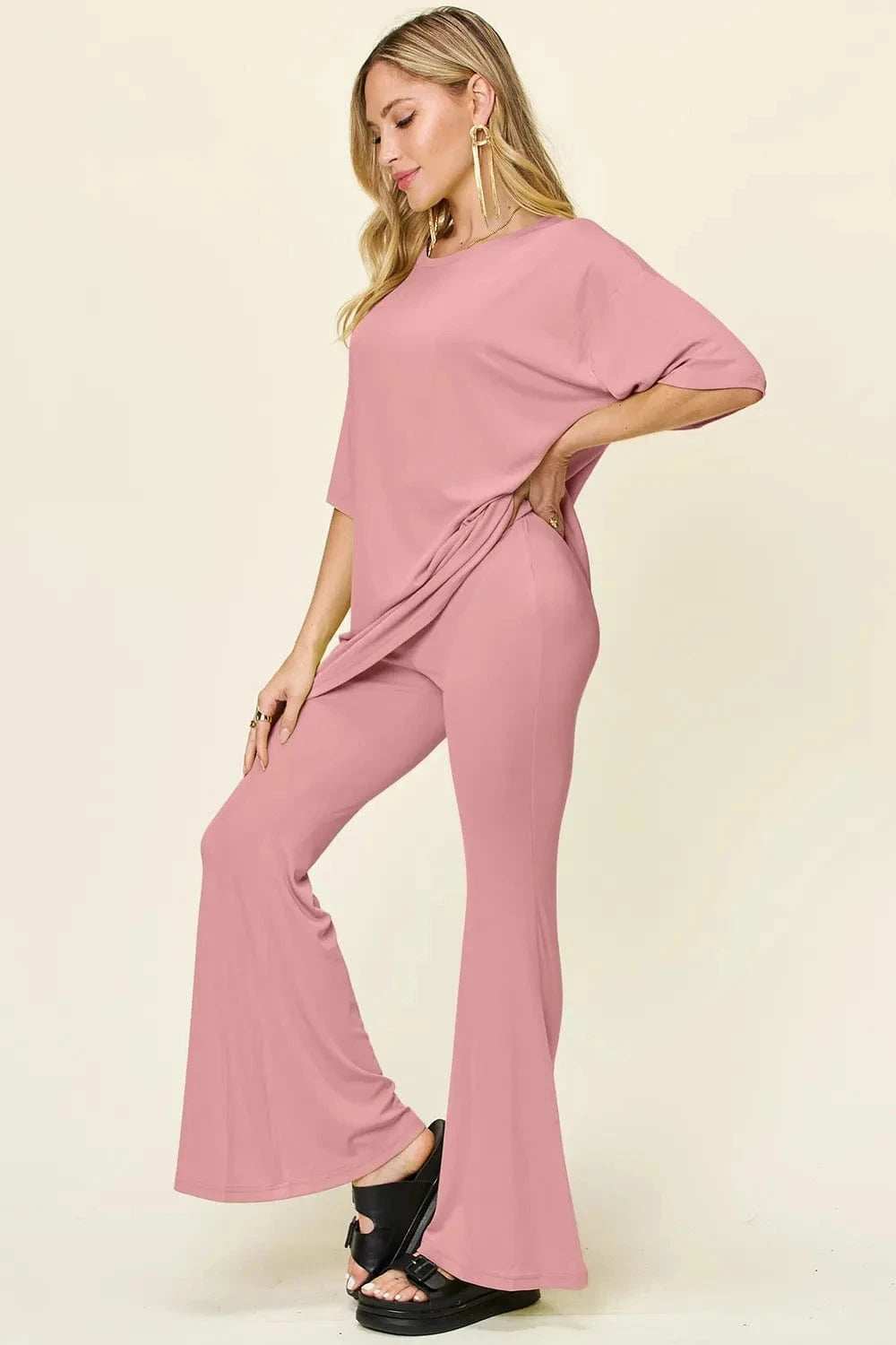 Double Take Full Size Round Neck Drop Shoulder T-Shirt and Flare Pants Set - Trendsi - Flyclothing LLC