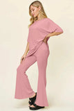 Double Take Full Size Round Neck Drop Shoulder T-Shirt and Flare Pants Set - Trendsi - Flyclothing LLC