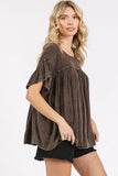Mittoshop Mineral Washed Round Neck Ruffle Sleeve Blouse - Trendsi
