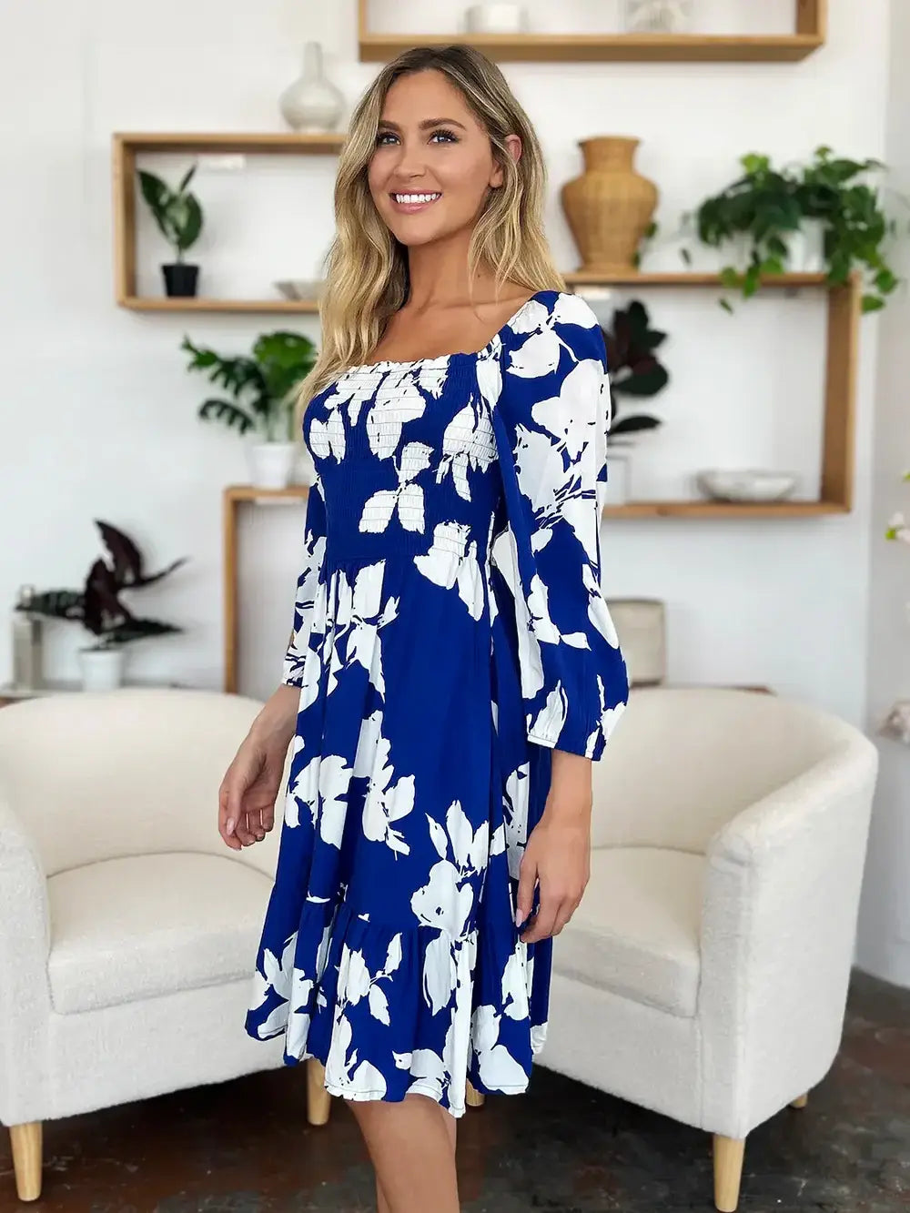 Double Take Full Size Floral Ruffle Hem Smocked Dress with Pockets - Trendsi - Flyclothing LLC