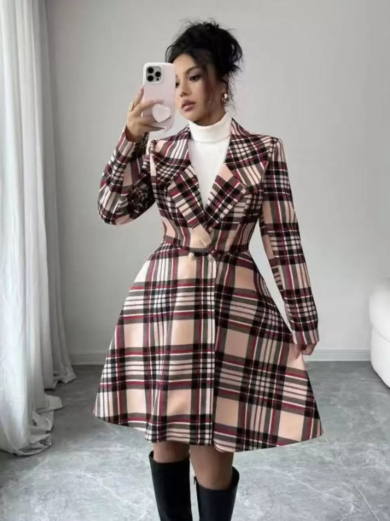 Plaid Button Up Long Sleeve Coat - Trendsi - Flyclothing LLC