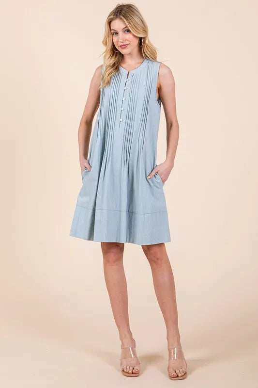 Lime 'N' Chili Denim Pintuck Detail Sleeveless Midi Dress - Trendsi - Flyclothing LLC