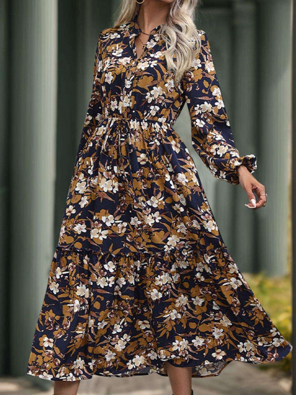 Perfee Printed Notched Long Sleeve Midi Dress - Trendsi - Flyclothing LLC