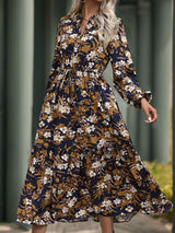 Perfee Printed Notched Long Sleeve Midi Dress - Trendsi - Flyclothing LLC
