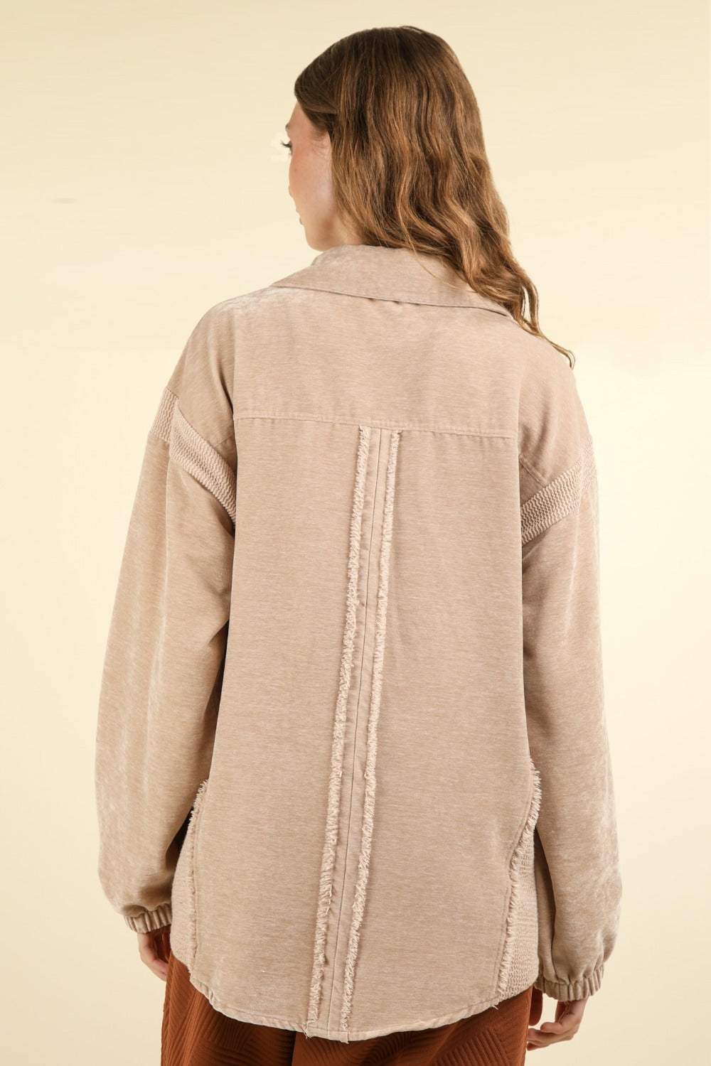 VERY J Mixed Media Button Down Raw Hem Shacket - Trendsi - Flyclothing LLC