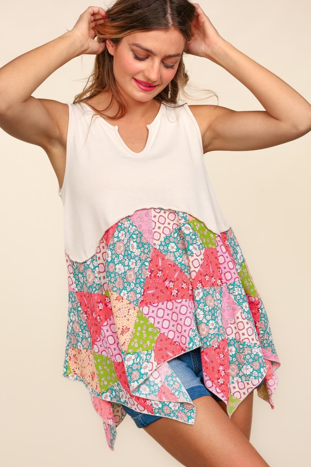 Haptics Full Size Patchwork Shark Bite Color Block Tank - Trendsi