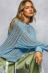 POL Openwork Round Neck High Low Knit Top - Trendsi - Flyclothing LLC