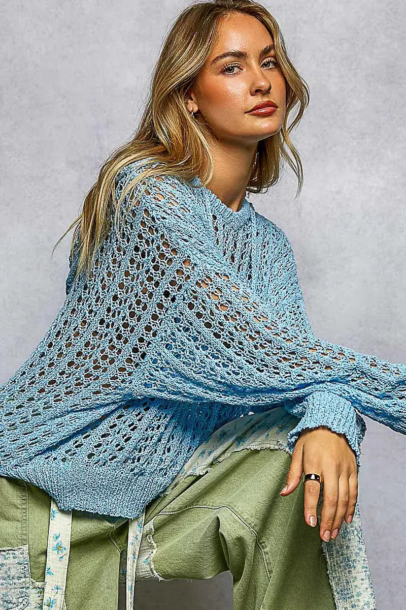 POL Openwork Round Neck High Low Knit Top - Trendsi - Flyclothing LLC
