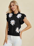 Double Take Full Size Ruffled Flower Round Neck Cap Sleeve Sweater - Trendsi - Flyclothing LLC