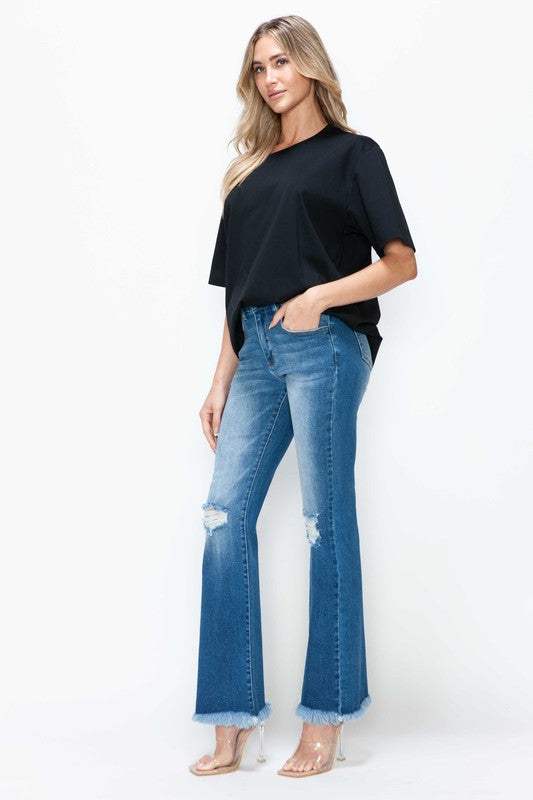 bytos Full Size Raw Hem Distressed High Rise Bootcut Jeans - Trendsi - Flyclothing LLC