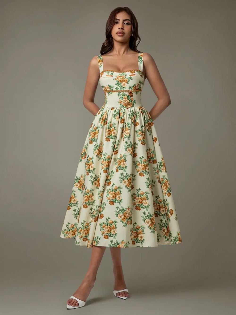 Lace Trim Floral Sleeveless Midi Dress - Trendsi