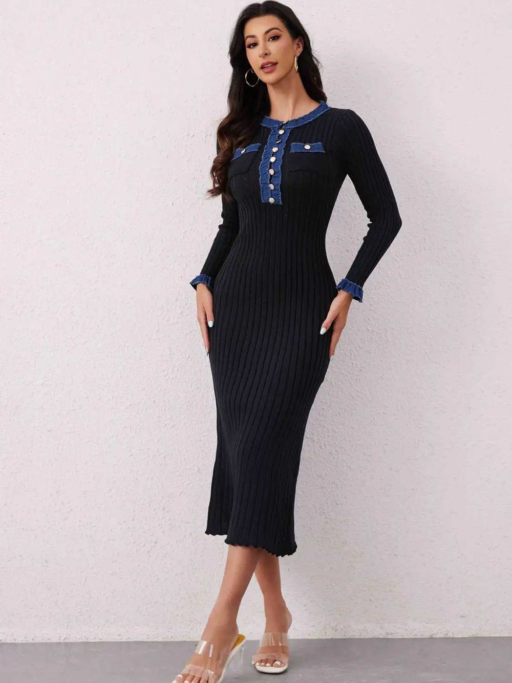 Contrast Trim Round Neck Long Sleeve Sweater Dress - Trendsi - Flyclothing LLC
