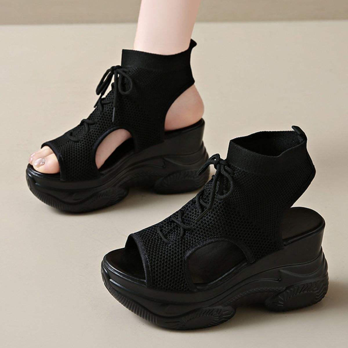 Cutout Mesh Wedge Sandals - Trendsi - Flyclothing LLC