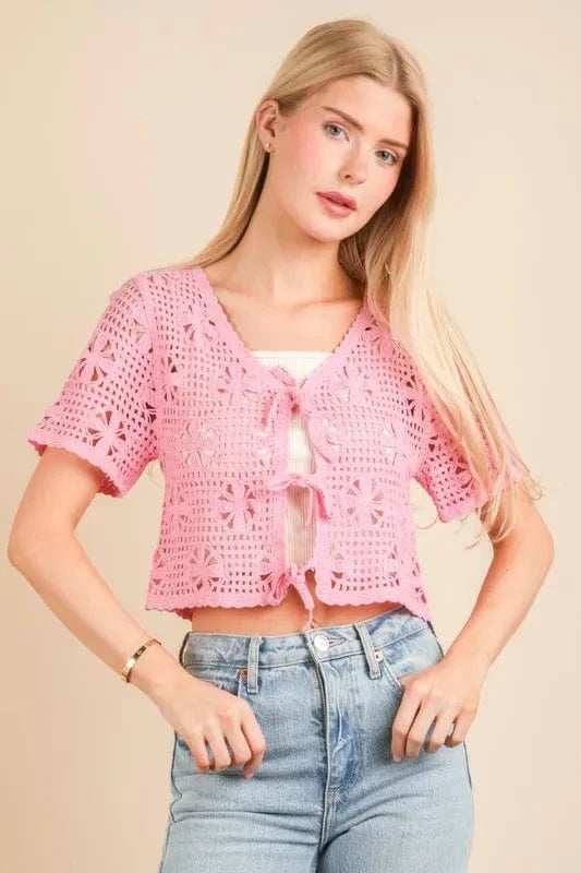 VERY J Front Tie Crochet Crop Top - Trendsi - Flyclothing LLC