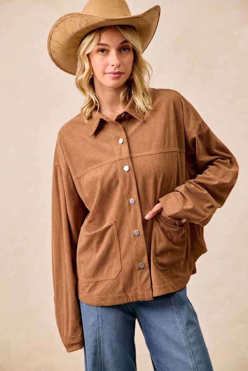 BiBi Corduroy Relaxed Fit Shacket with Back Pleat - Trendsi - Flyclothing LLC