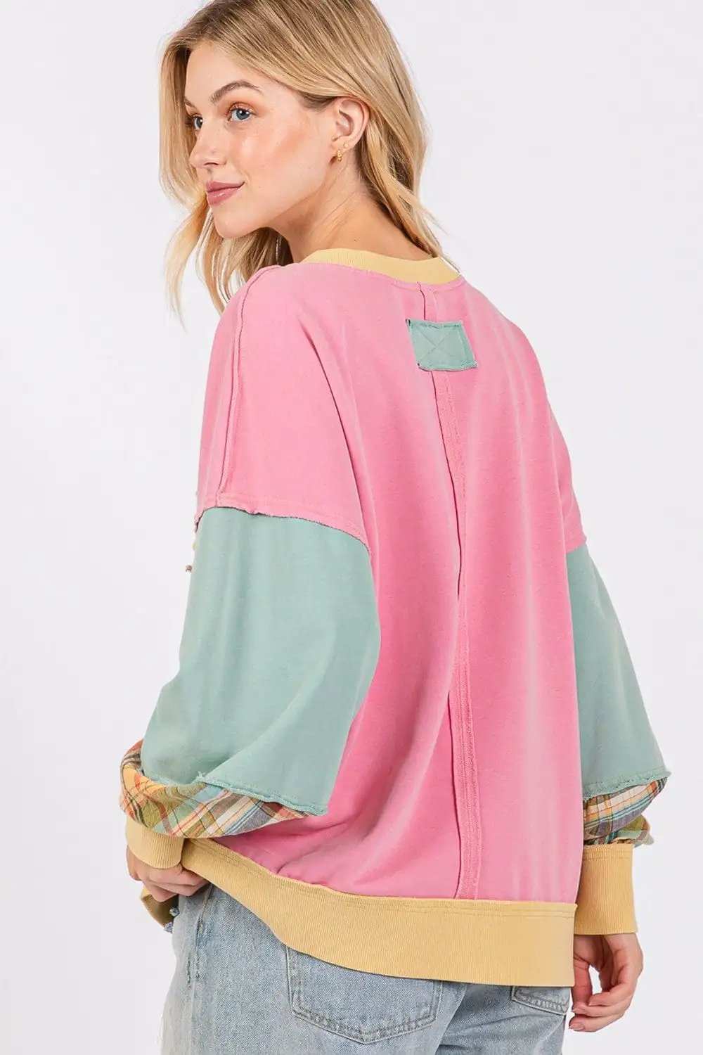 SAGE + FIG Mineral Wash Raw Edge Color Block Sweatshirt - Trendsi - Flyclothing LLC