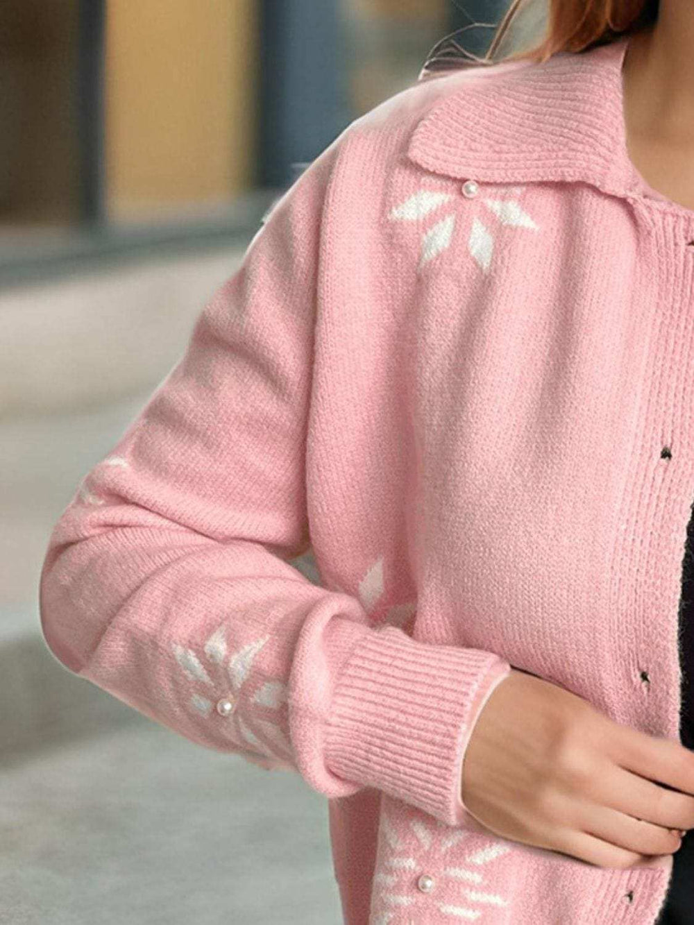 Pearl Trim Collared Neck Long Sleeve Cardigan - Trendsi - Flyclothing LLC