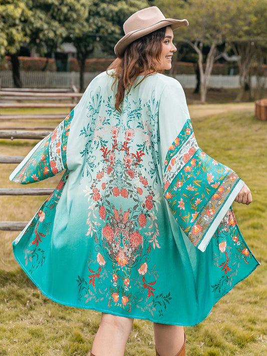 Plus Size Printed Open Front Long Sleeve Cover Up - Trendsi
