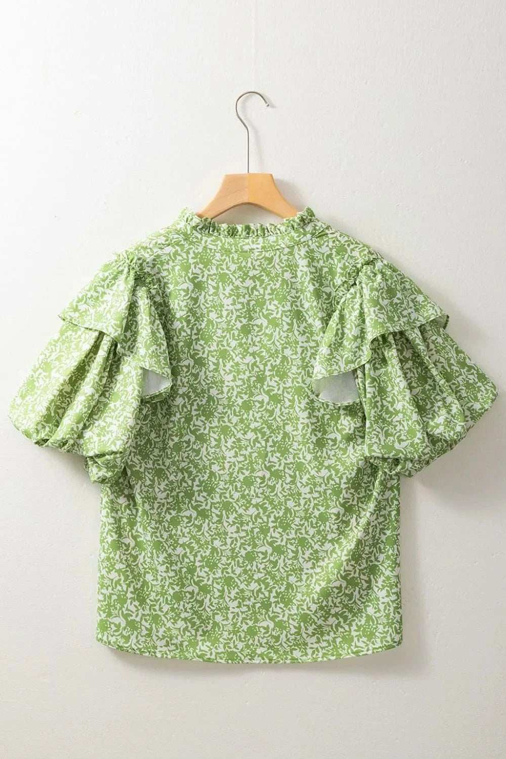 Floral Ruffle Puff Short Sleeve Frilled Notched Blouse - Trendsi - Flyclothing LLC
