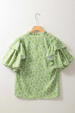 Floral Ruffle Puff Short Sleeve Frilled Notched Blouse - Trendsi - Flyclothing LLC