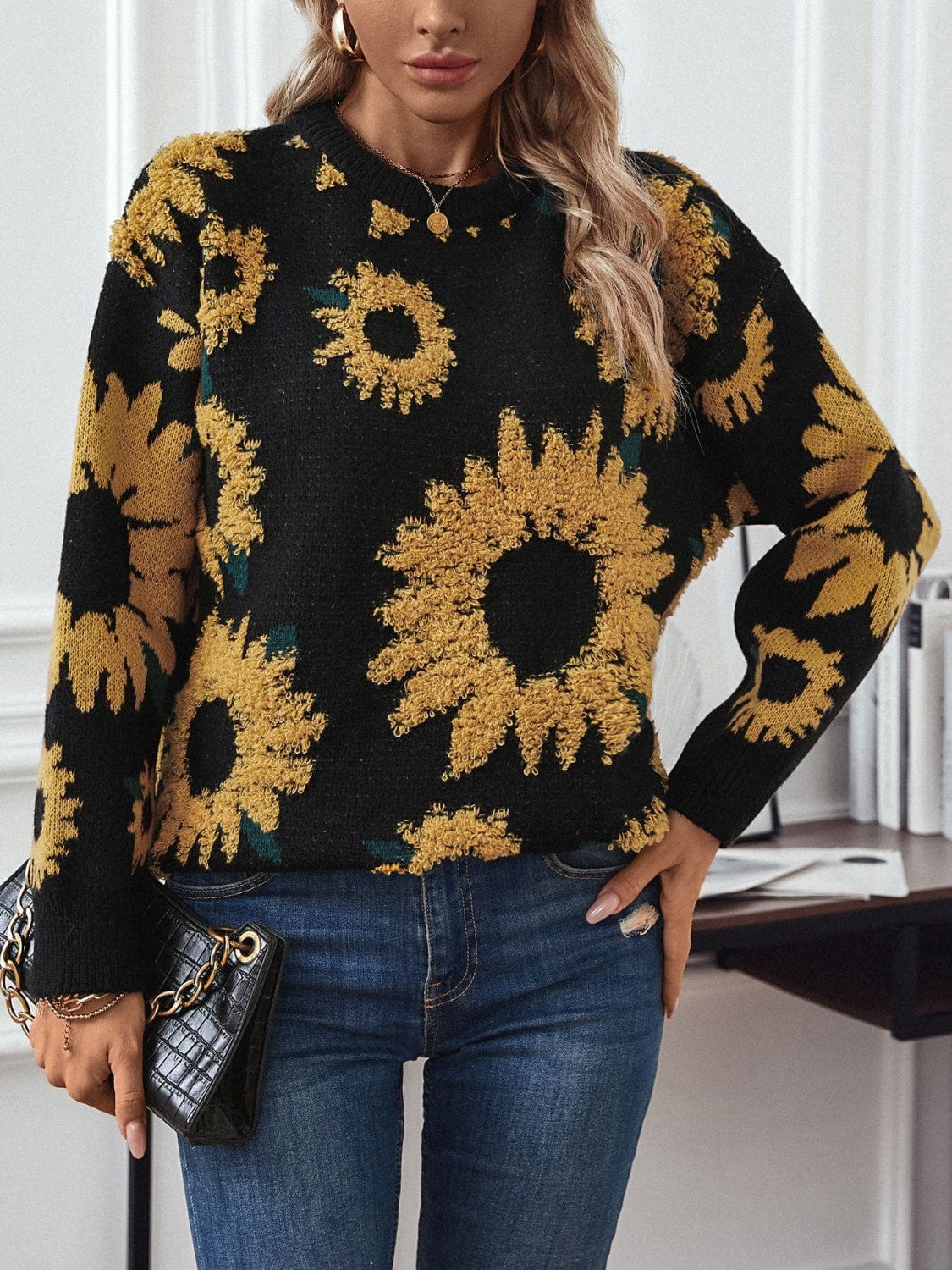 Sunflower Round Neck Long Sleeve Sweater - Trendsi