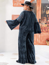 Plus Size Round Neck Flare Sleeve Top and Pants Set - Trendsi - Flyclothing LLC