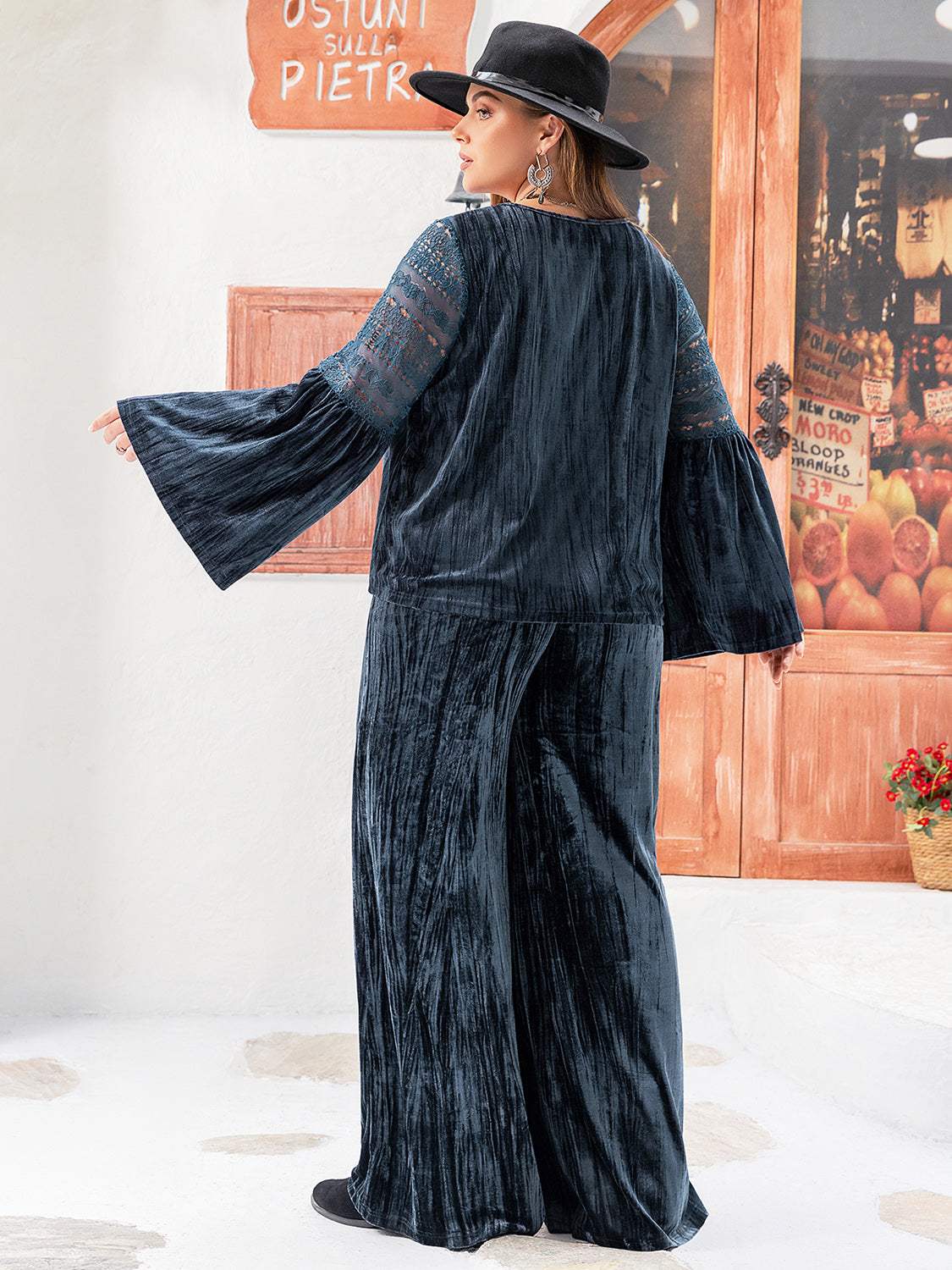 Plus Size Round Neck Flare Sleeve Top and Pants Set - Trendsi - Flyclothing LLC