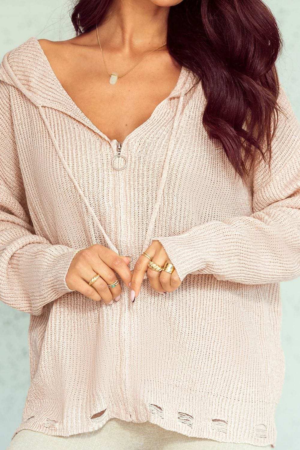 Distressed Zip Up Drawstring Hooded Cardigan - Trendsi - Flyclothing LLC