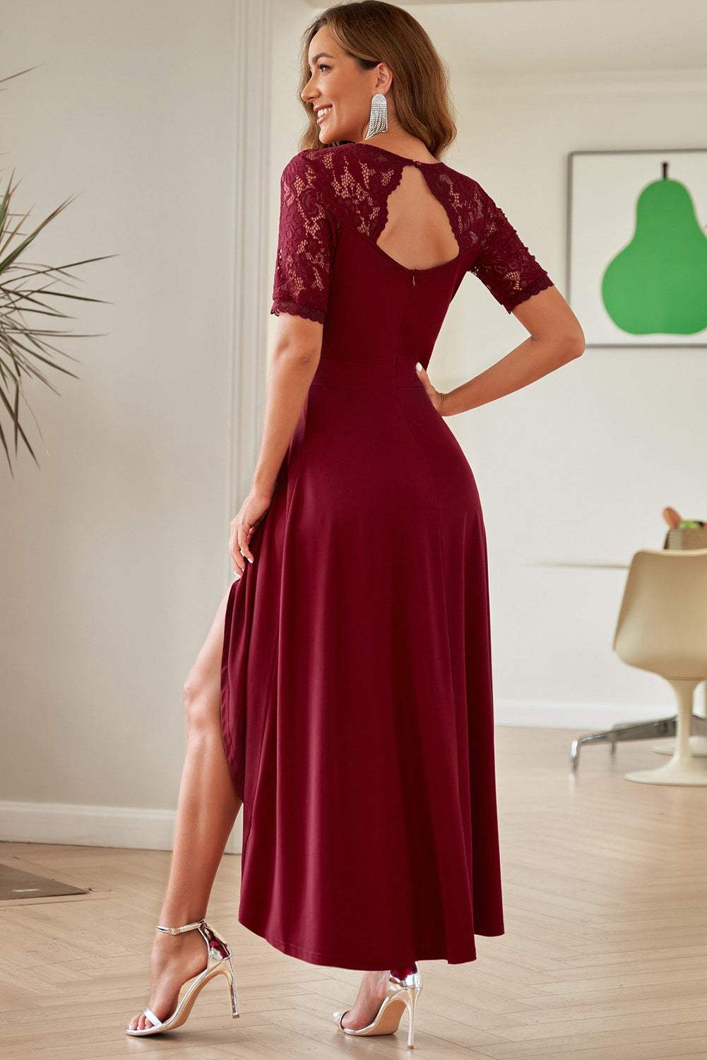 Lace Cutout V-Neck Short Sleeve Dress - Trendsi - Flyclothing LLC