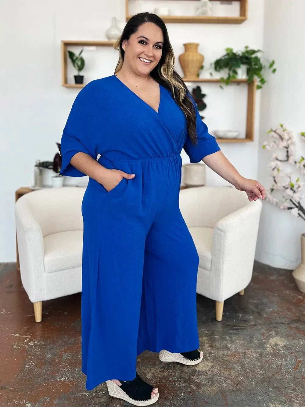 Double Take Full Size Surplice Wide Leg Jumpsuit with Pockets - Trendsi - Flyclothing LLC