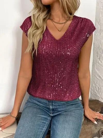 Sequin V-Neck Cap Sleeve Top - Trendsi