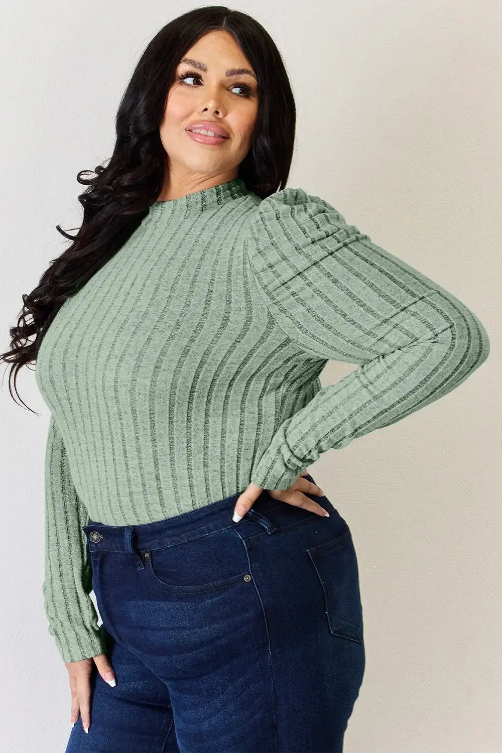 Basic Bae Full Size Ribbed Mock Neck Puff Sleeve T-Shirt - ShopBasicbae - Flyclothing LLC