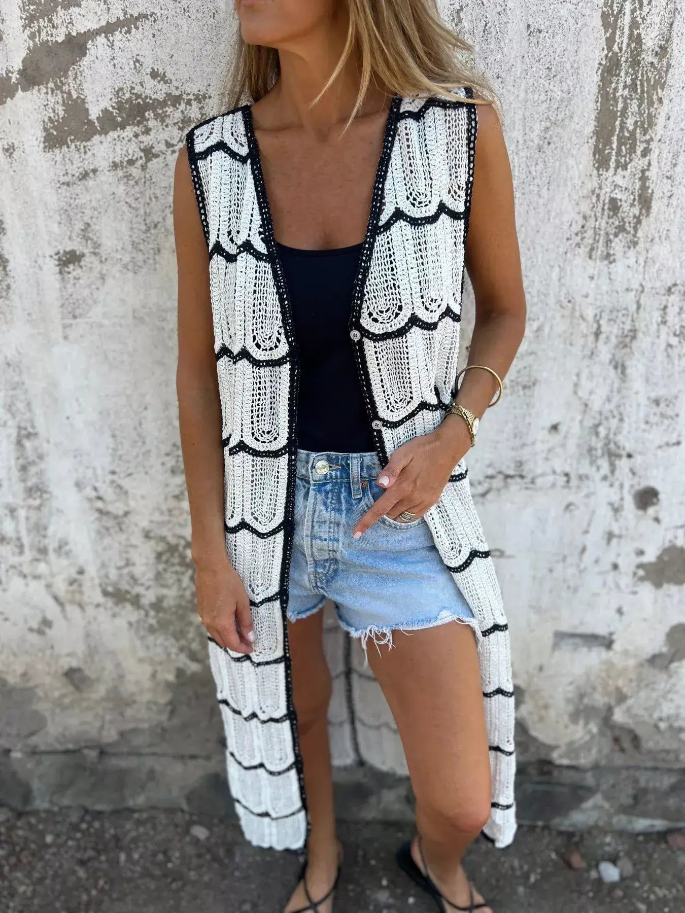 Sleeveless Crochet Longline Cardigan - Trendsi - Flyclothing LLC