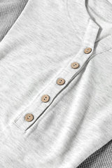 Two Tone Contrast Waffle Knit Patched Buttoned V Neck Top - Trendsi - Flyclothing LLC