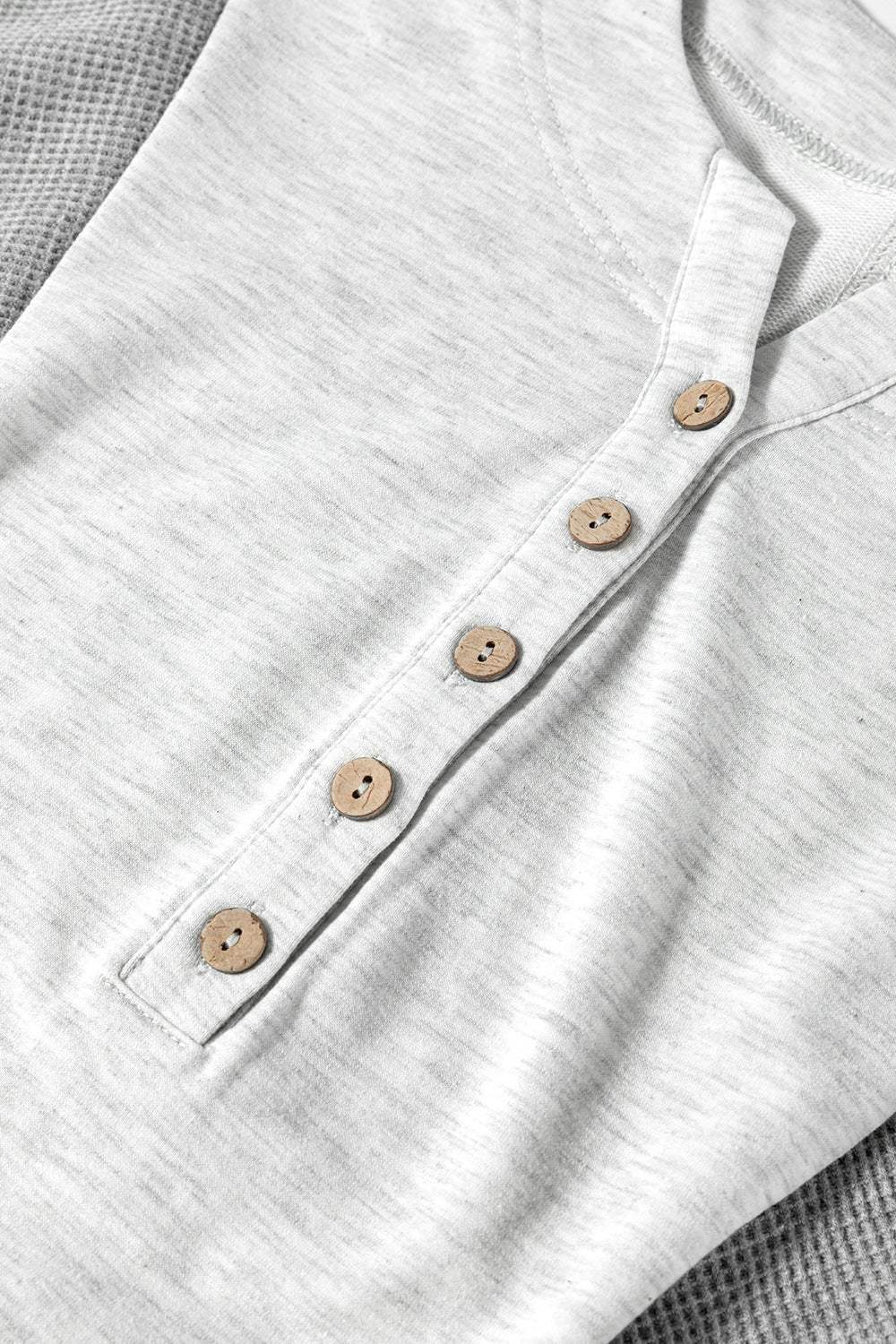 Two Tone Contrast Waffle Knit Patched Buttoned V Neck Top - Trendsi - Flyclothing LLC