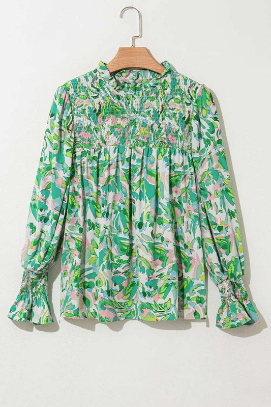 Frill Printed Mock Neck Flounce Sleeve Blouse - Trendsi - Flyclothing LLC