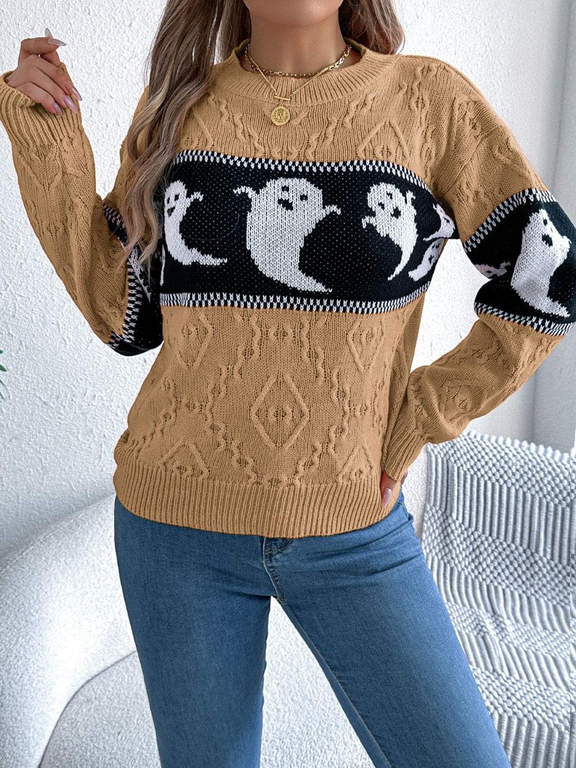 Ghost Round Neck Long Sleeve Sweater - Trendsi - Flyclothing LLC