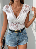 Perfee Lace Backless V-Neck Cap Sleeve Bodysuit - Trendsi