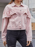 Ruffled Collared Neck Long Sleeve Denim Top - Trendsi