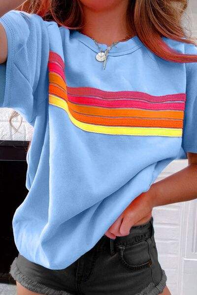 Striped Round Neck Short Sleeve T-Shirt - Trendsi - Flyclothing LLC
