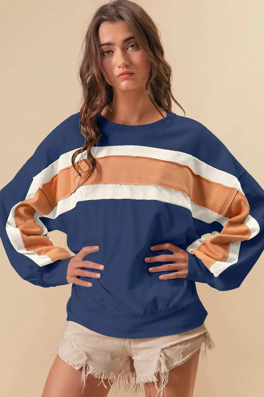 BiBi French Terry Color Block Cut Edge Detail Sweatshirt - Trendsi - Flyclothing LLC