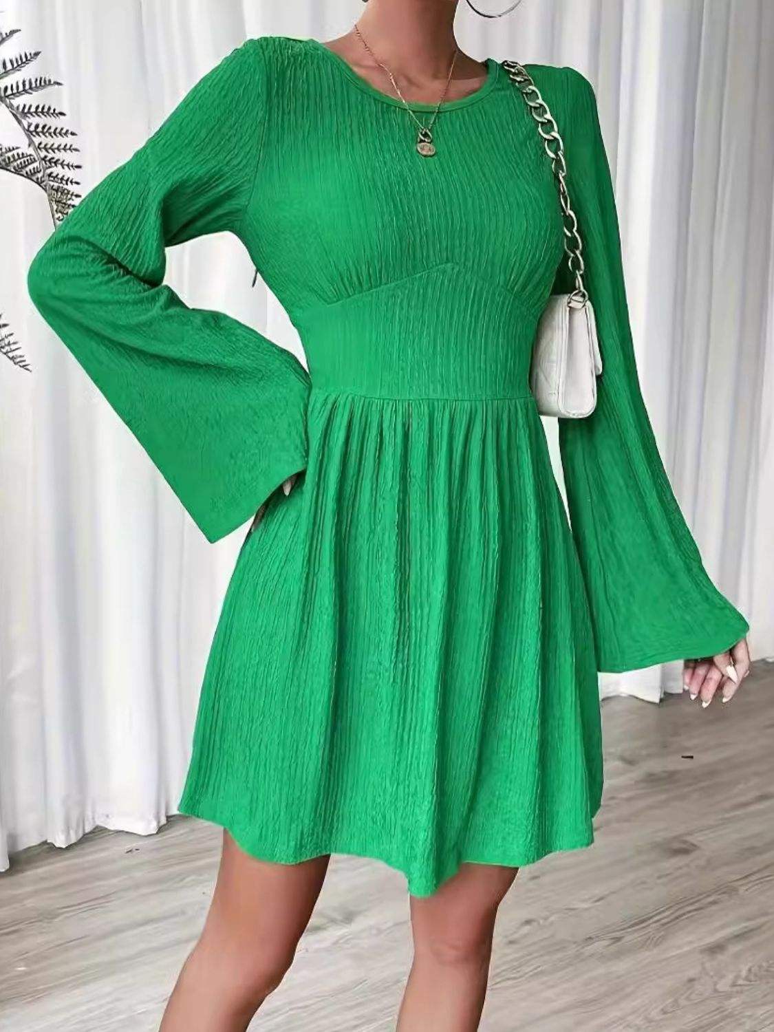 Round Neck Flare Sleeve Mini Dress - Trendsi - Flyclothing LLC