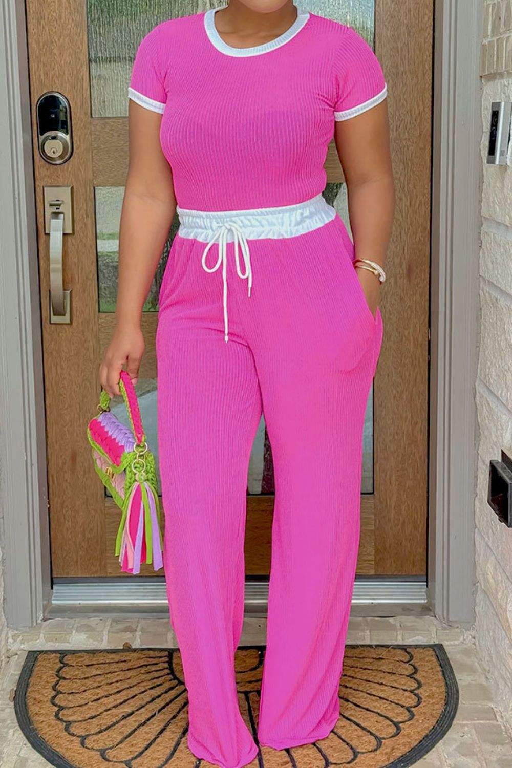 Contrast Trim Round Neck Top and Pants Set - Trendsi - Flyclothing LLC